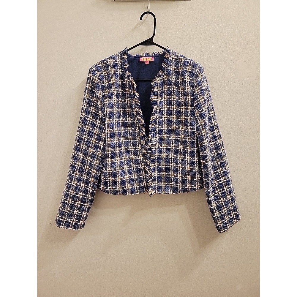 THML Tweed Cropped Jacket Womens L Blue Plaid Frayed Edge Open Front Blazer
